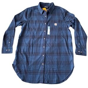 NWT Carhartt Rugged Flex Women XL Blue Plaid Flannel Shirt Dress with Pockets